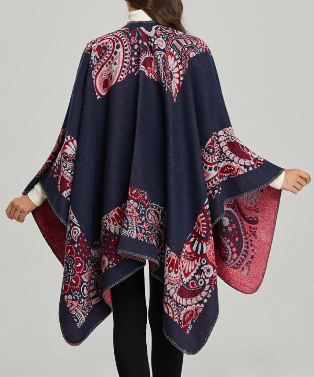 Poncho sans manche femme bleu à motifs ethniques rouges et blancs, élégant et moderne