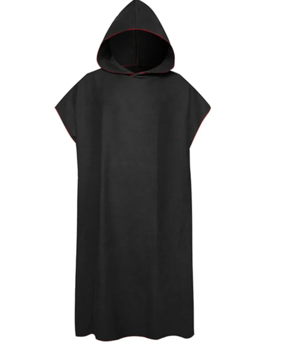 Poncho de surf homme noir à capuche et manches courtes, finition liseré rouge