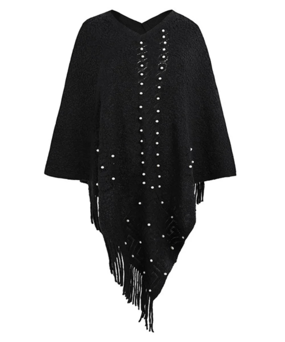 Poncho noir femme style western, perles décoratives et franges, élégant et moderne