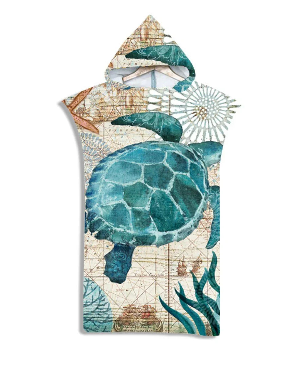 Poncho serviette à capuche motif tortue marine sur fond carte vintage