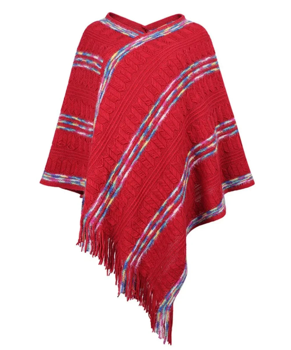 Poncho tunique rouge à franges, motifs colorés, coupe asymétrique, style décontracté