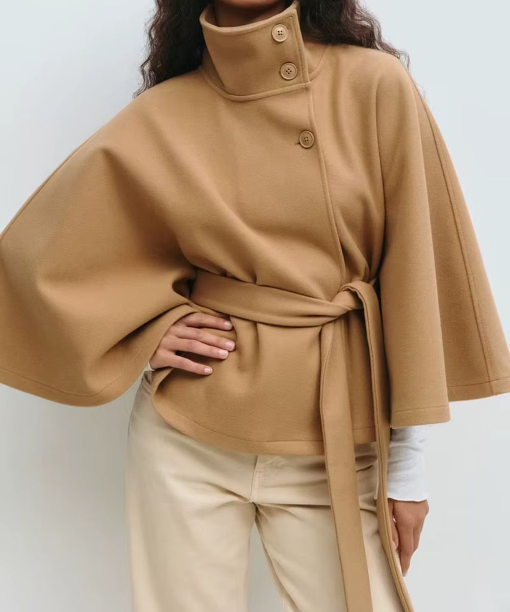 Poncho Femme Ceinturé à Col Montant