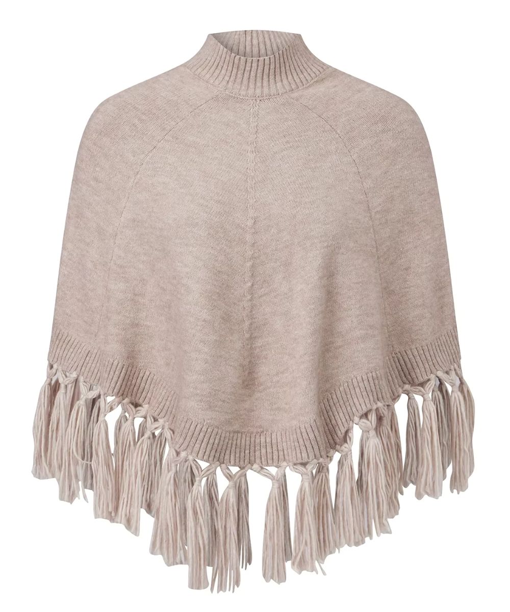 Poncho Court à Col Montant et Franges en Tricot