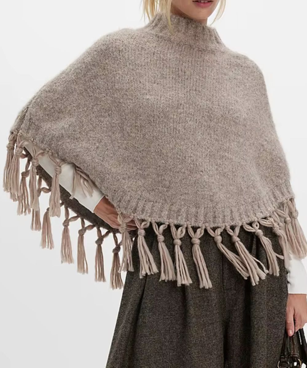 Poncho Court en Tricot à Franges