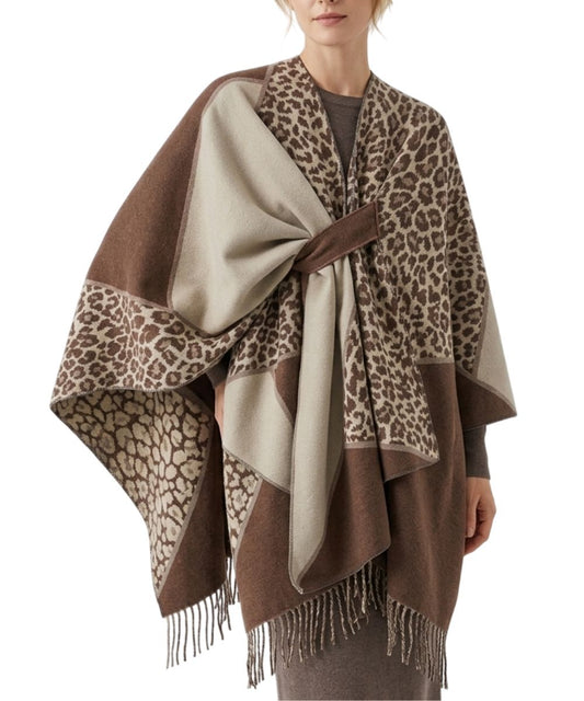 Poncho femme Planète Poncho coupe longue avec imprimé léopard et couleurs neutres