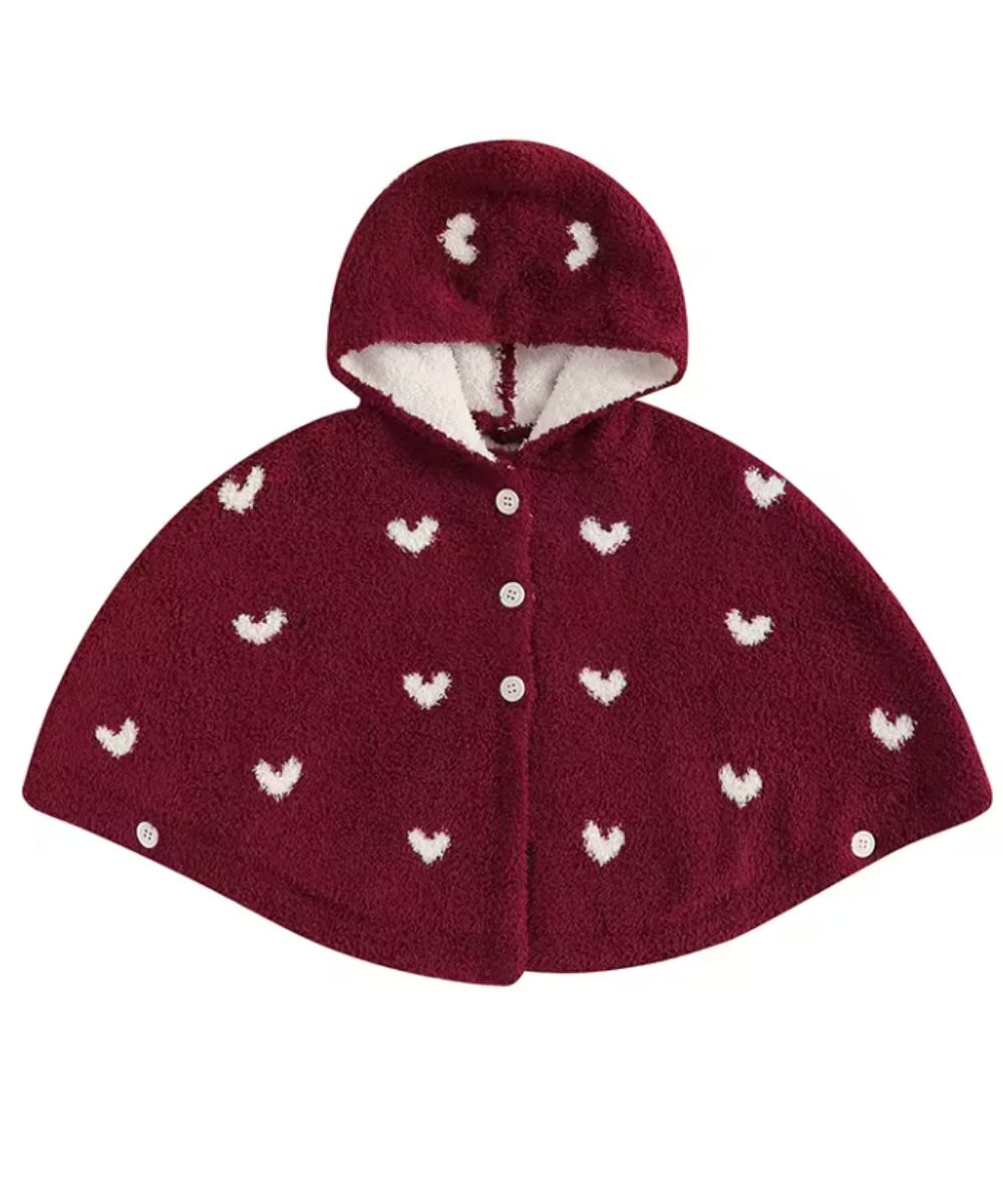 Poncho d'extérieur bébé Planète Poncho bordeaux avec capuche et motifs cœurs blancs