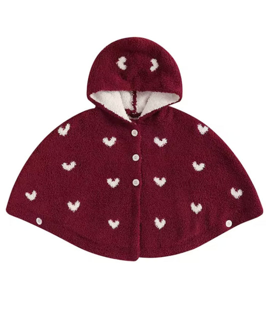 Poncho d'extérieur bébé Planète Poncho bordeaux avec capuche et motifs cœurs blancs