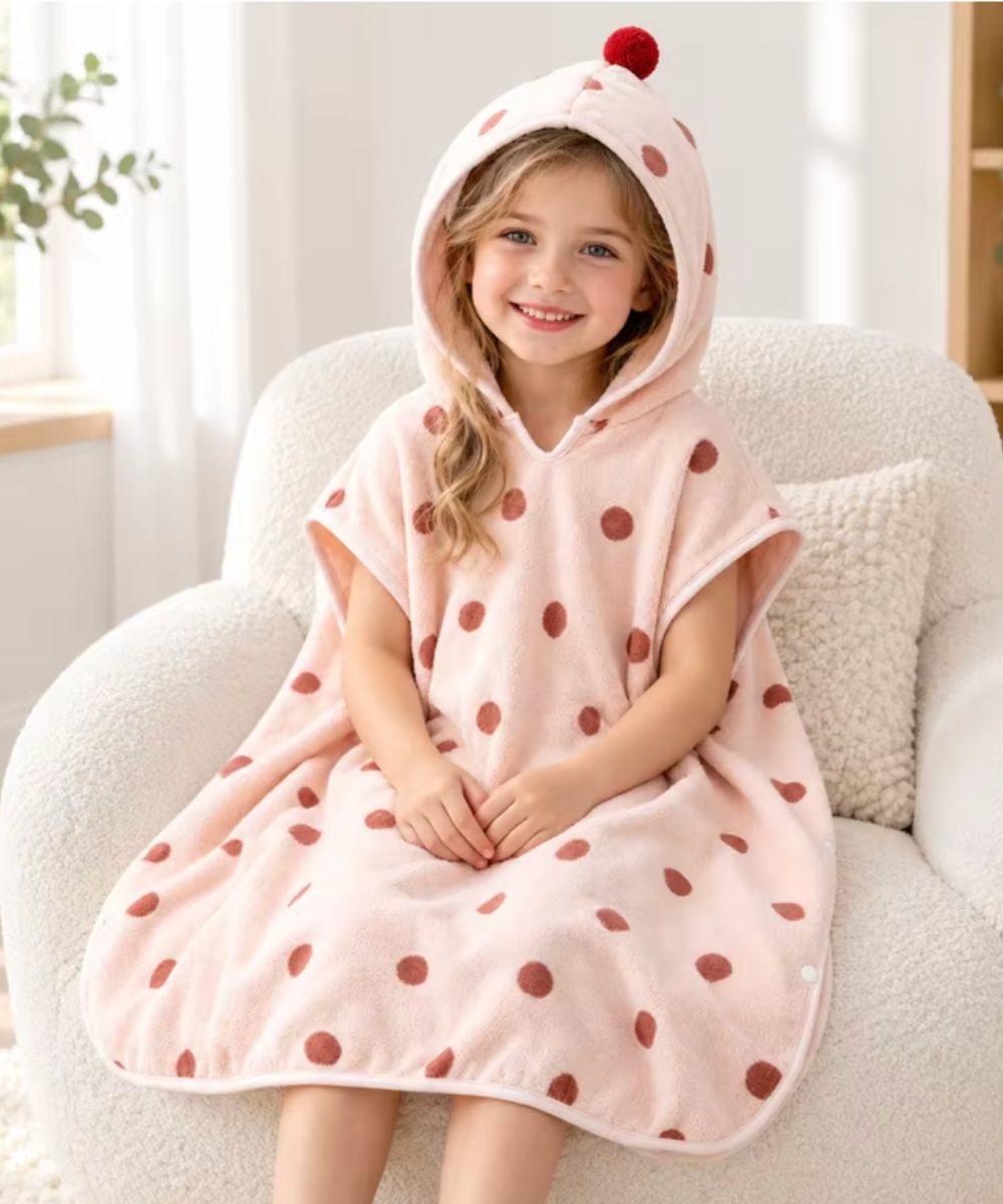Petite fille portant un poncho de bain Planète Poncho rose à pois rouges avec capuche.