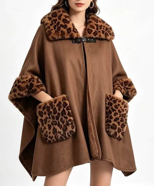 Poncho long marron planète poncho avec col et poches en fausse fourrure léopard