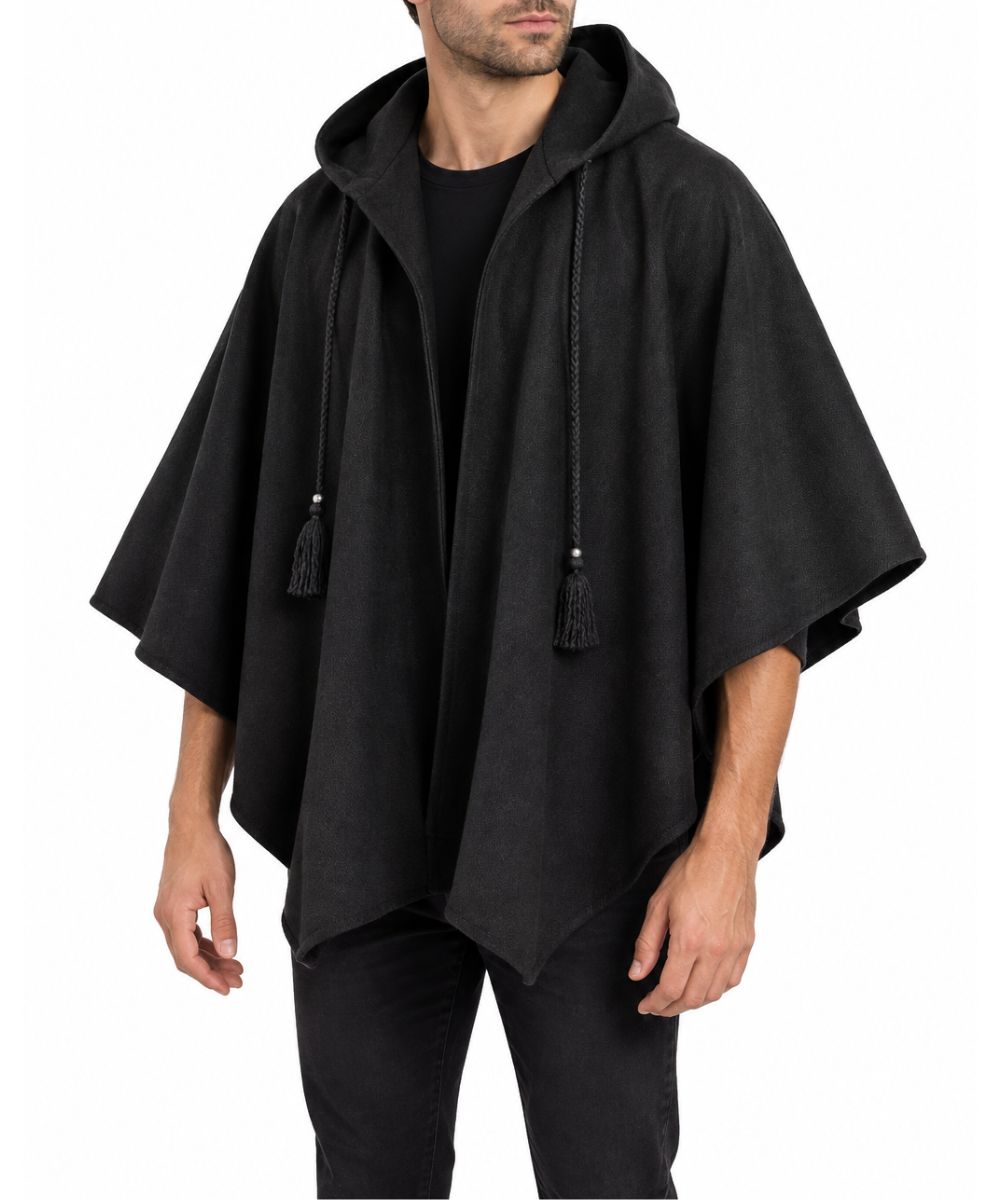 Poncho Noir Homme à Capuche et Cordons