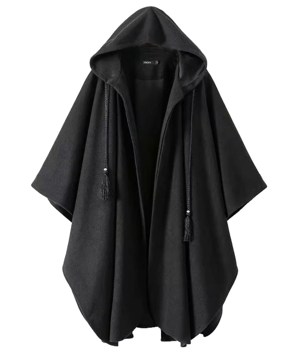 Poncho Noir Homme à Capuche et Cordons