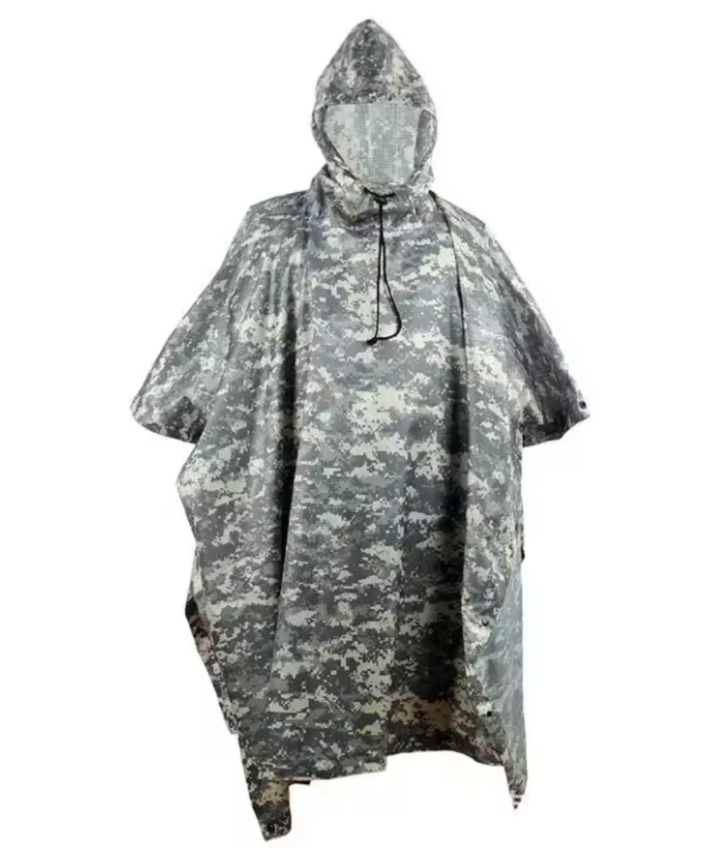Poncho de pluie tactique Planète Poncho avec capuche et motif camouflage gris.