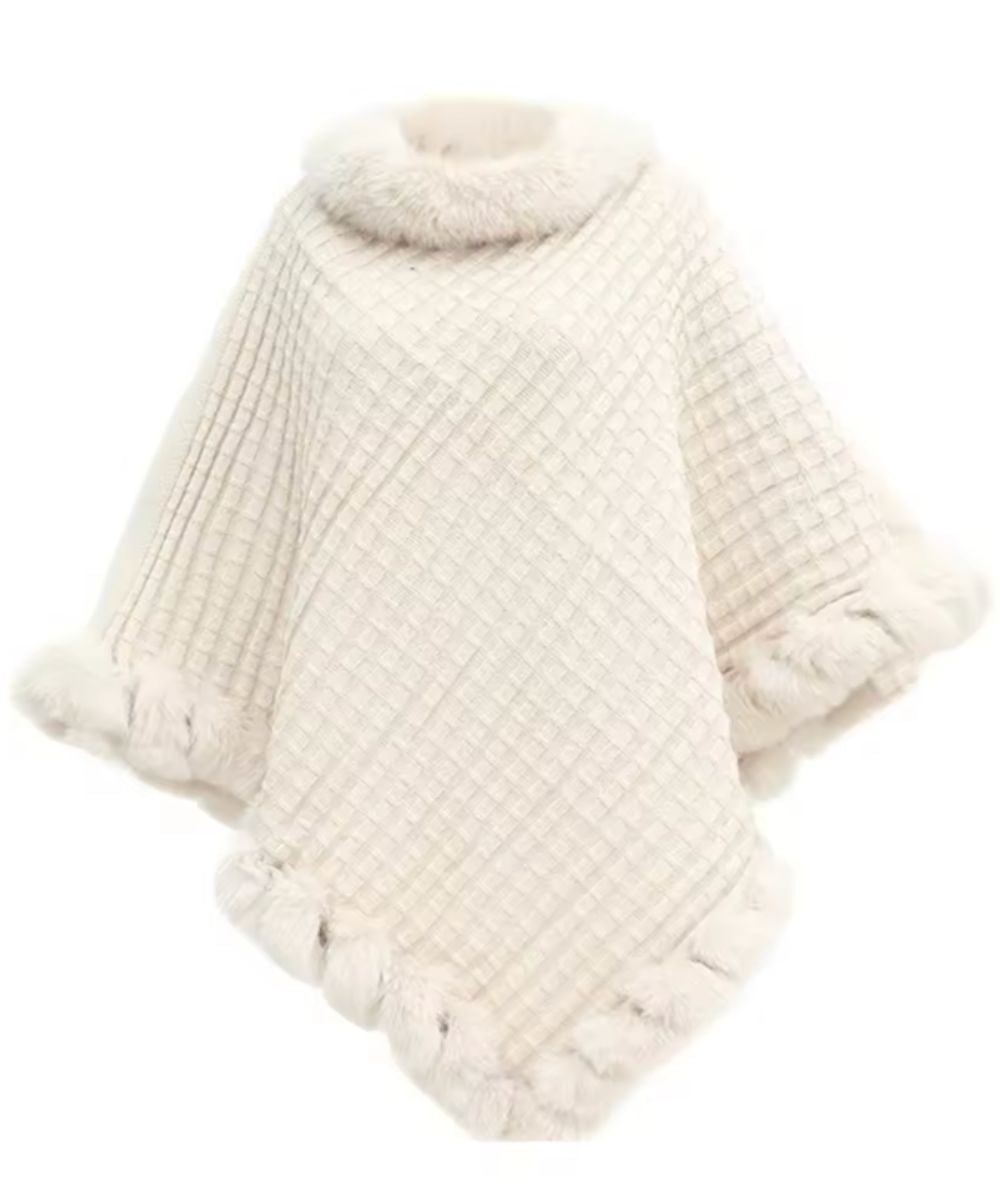 Poncho blanc style polaire pour femme avec col et bordures en fourrure synthétique