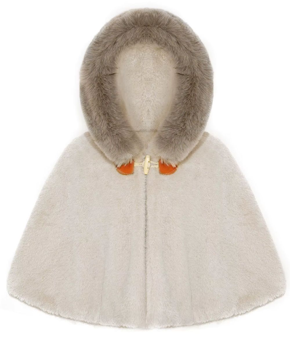 Poncho bébé d'extérieur en fausse fourrure blanc cassé avec capuche Planète Poncho