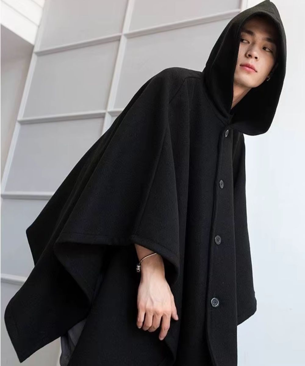 Poncho Long Noir à Boutons Homme