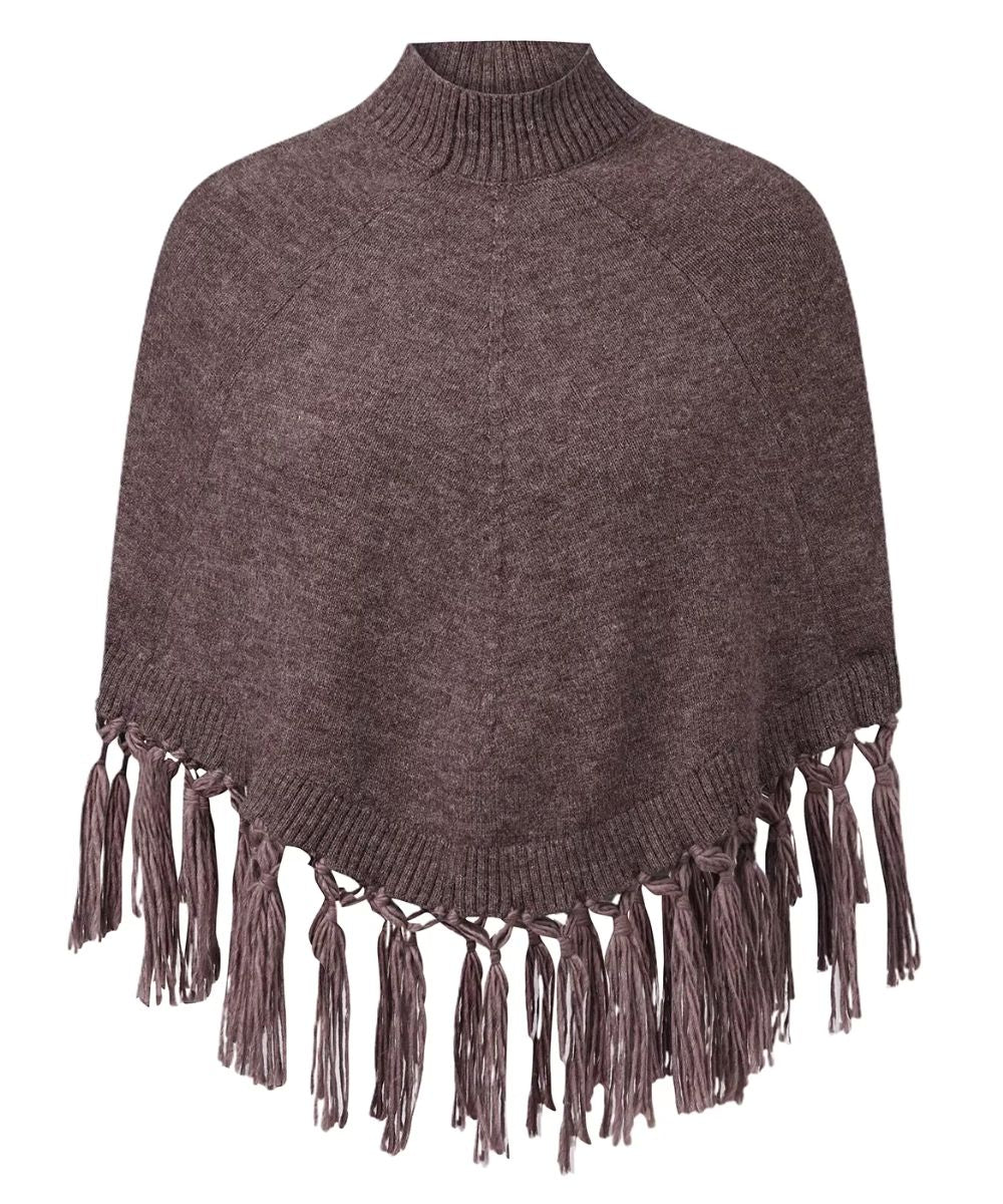 Poncho Court à Col Montant et Franges en Tricot