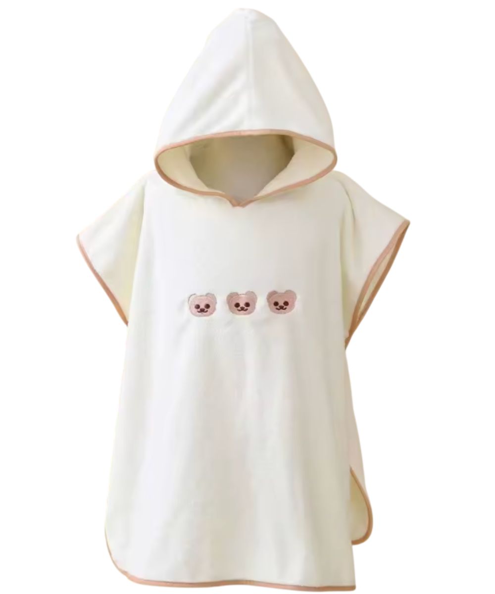 Poncho bébé unisexe blanc à capuche avec trois motifs oursons, marque Planète Poncho.