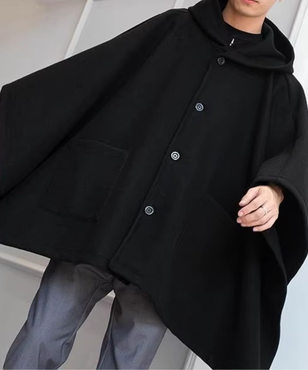 Poncho Long Noir à Boutons Homme
