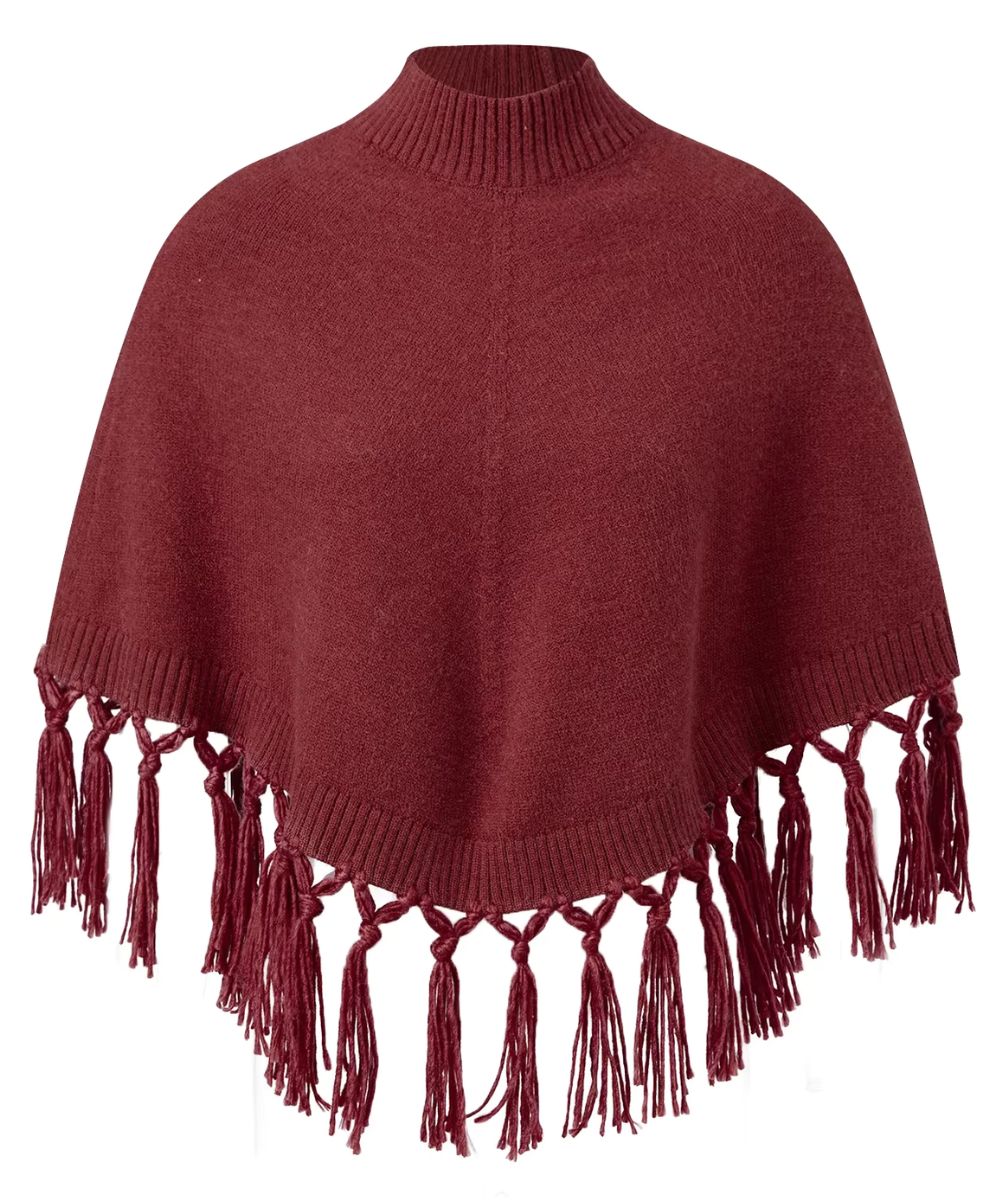 Poncho Court à Col Montant et Franges en Tricot