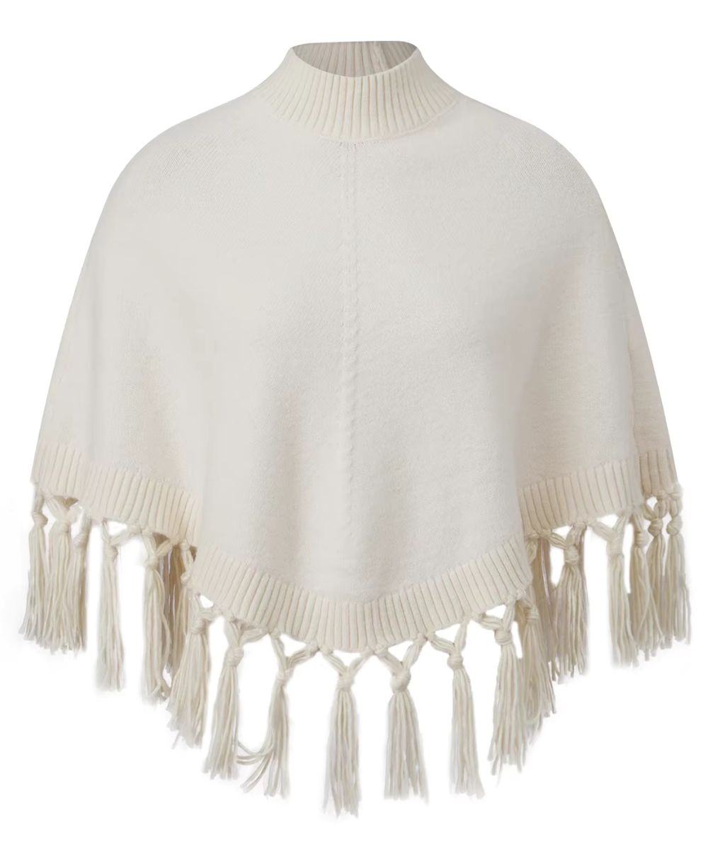 Poncho Court à Col Montant et Franges en Tricot