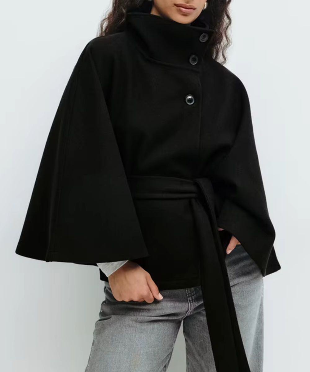Poncho Femme Ceinturé à Col Montant