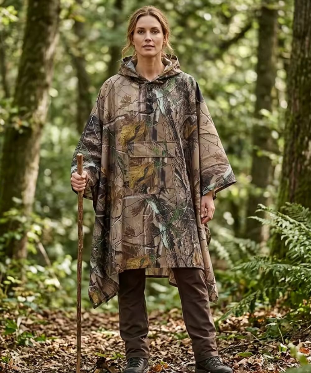 Femme portant un poncho pluie tactique camouflage Planète Poncho en forêt avec un bâton de marche.