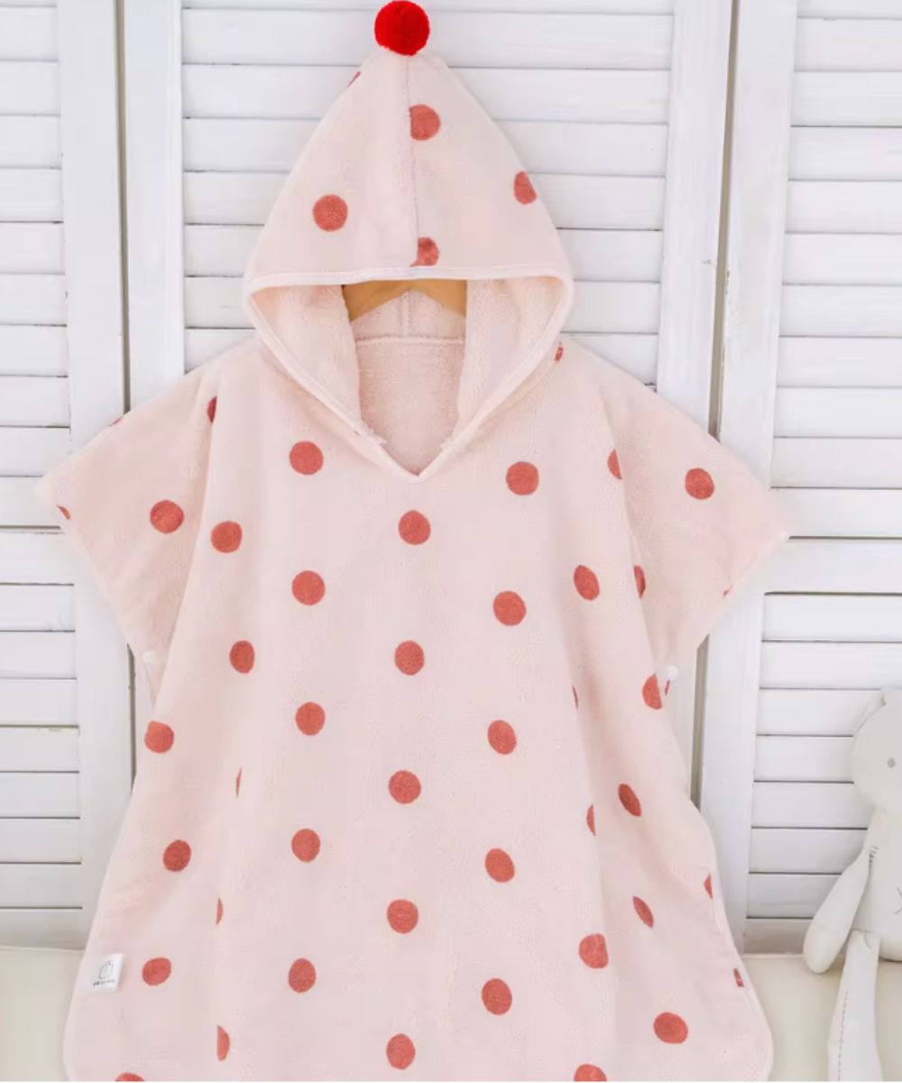 Poncho de bain pour bébé Planète Poncho rose avec pois rouges et capuche à pompon