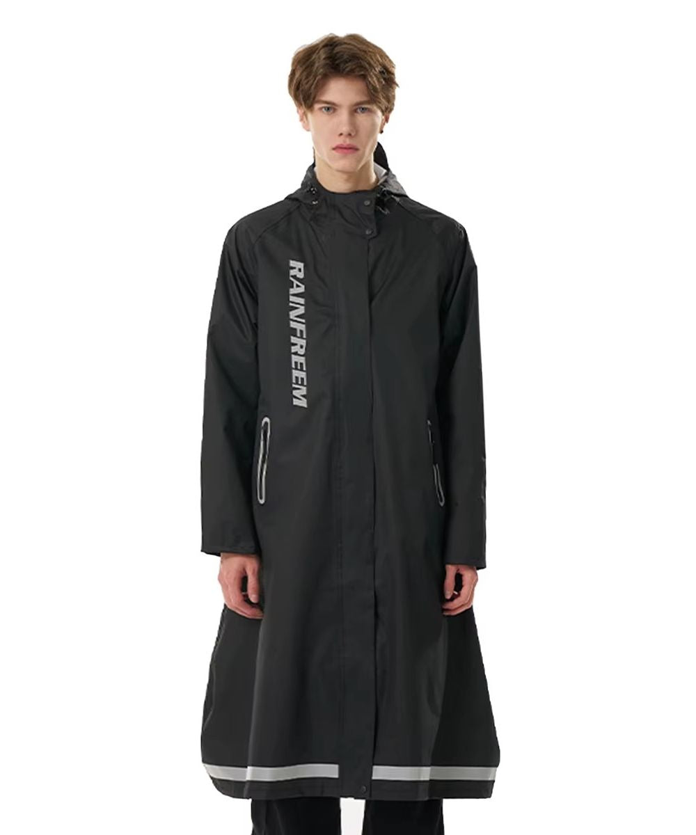 Poncho imperméable noir long avec capuche et bandes réfléchissantes, idéal pour l'été ou l'hiver