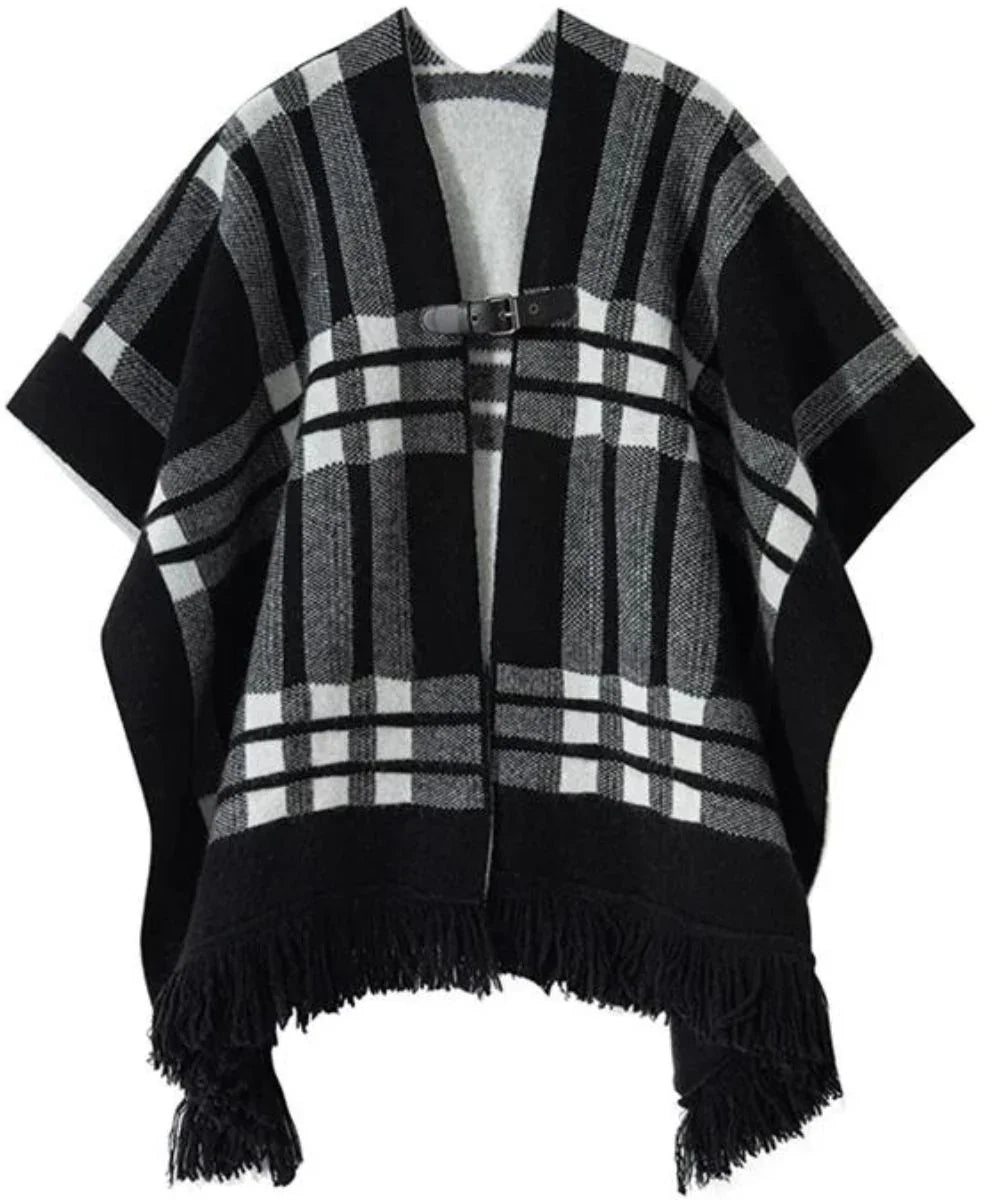 Poncho à carreaux noir et blanc avec franges et ceinture