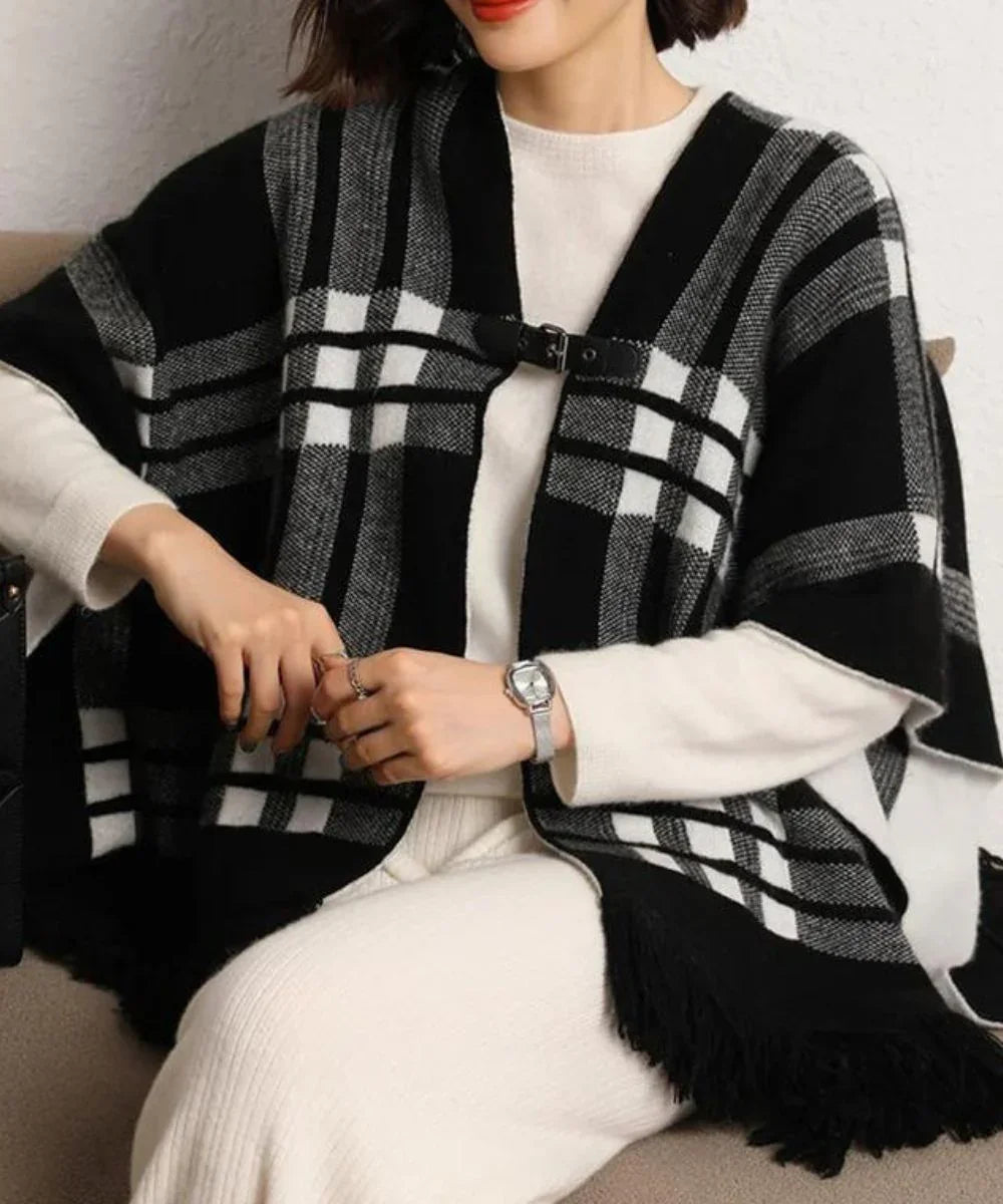 Poncho à carreaux noir et blanc avec franges, élégant et chaud pour l'hiver