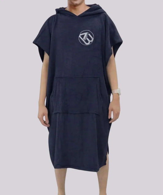 Poncho de bain surf homme noir à capuche, poche kangourou, logo poitrine