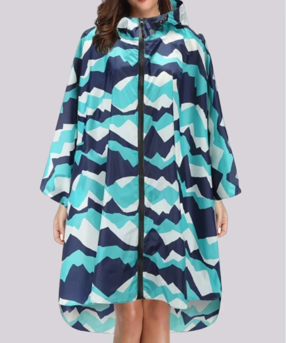 Poncho imperméable à motifs zigzag bleu turquoise et marine, coupe ample avec capuche et fermeture éclair