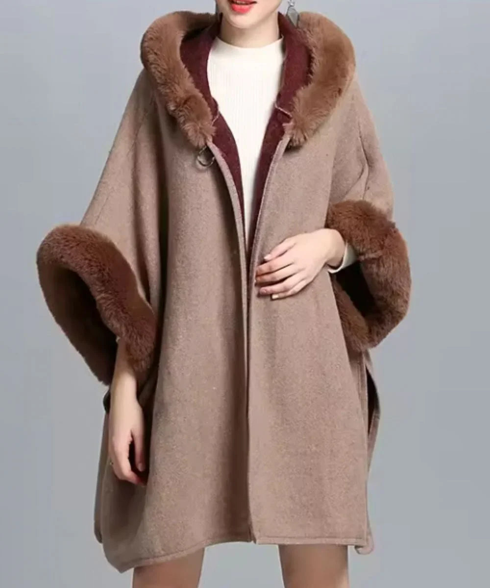 Poncho kaki ouvert femme, élégant, avec col et manches en fausse fourrure marron