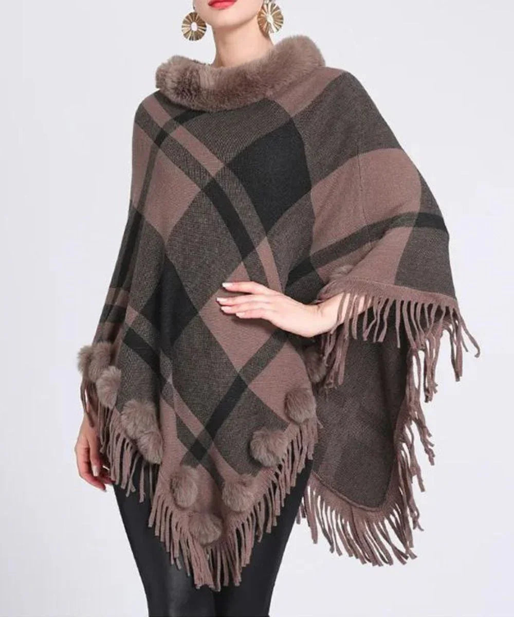 Poncho femme laine cachemire à carreaux marron, col fourrure, franges et pompons