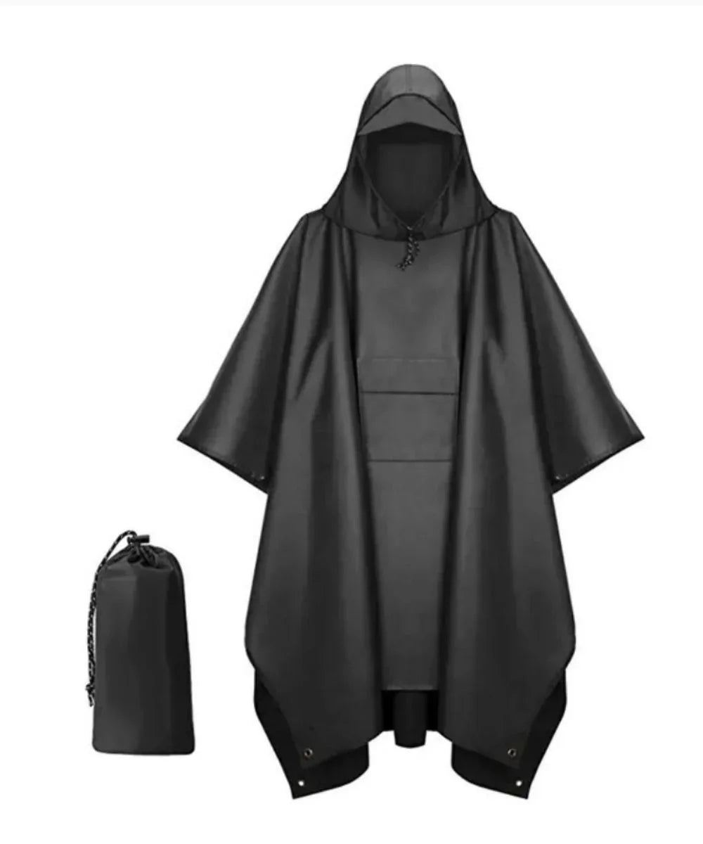 Poncho imperméable noir avec capuche et sac de rangement compact
