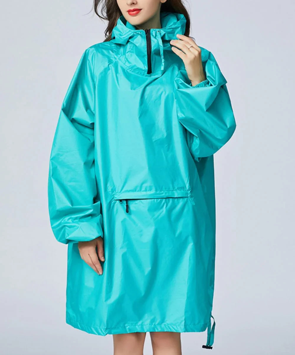 Poncho imperméable turquoise avec capuche et fermeture éclair pour femme