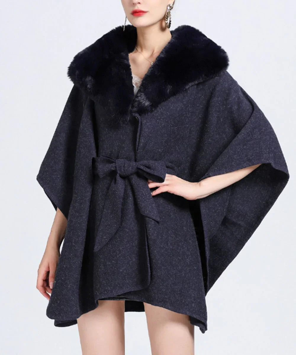 Poncho élégant en laine avec col en fausse fourrure et ceinture à nœud
