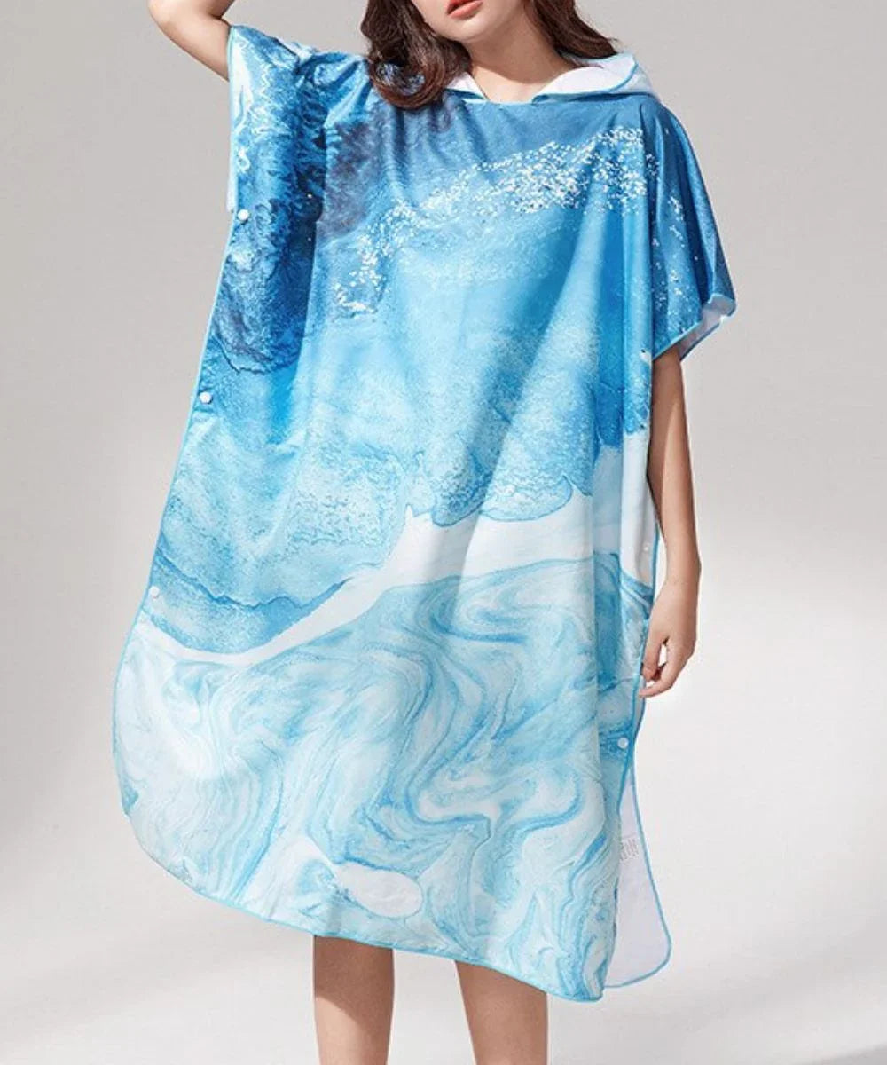 Poncho imperméable bleu marbré avec capuche, idéal pour l'été ou l'hiver, style élégant et pratique