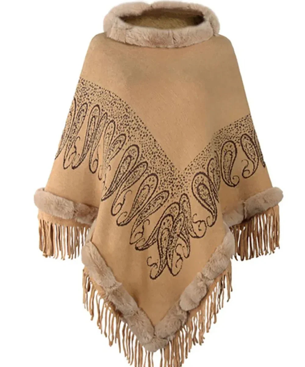 Poncho épais femme beige à motif cachemire, franges et bordure en fausse fourrure